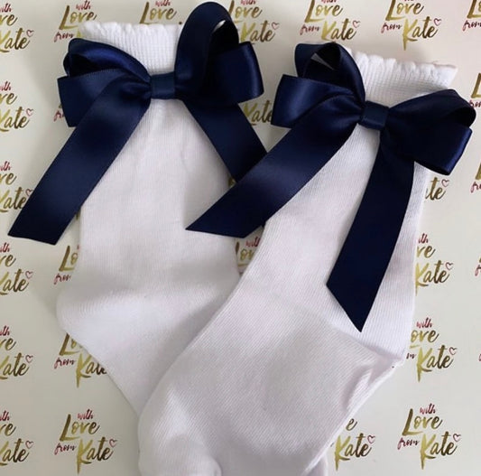 White socks with navy long tail bows