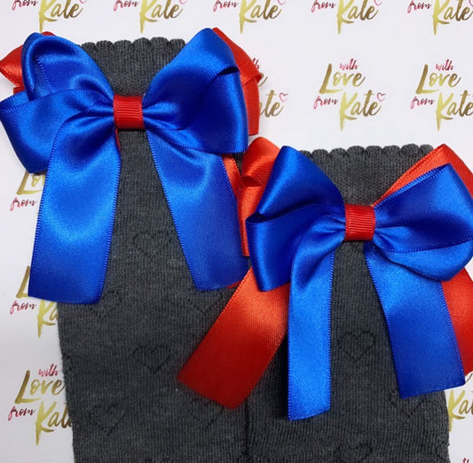Grey socks with royal blue & red long tail bows