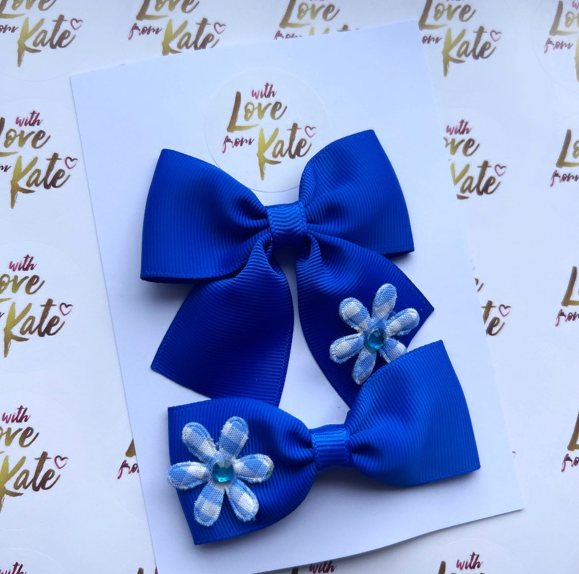 Royal blue gingham flower bow set