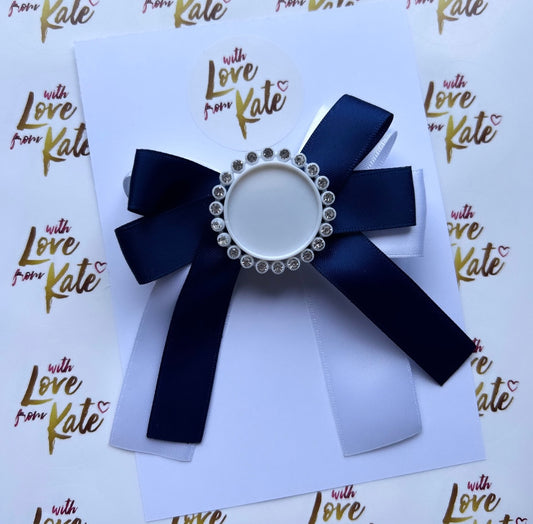 Navy & white personalised long tail bow