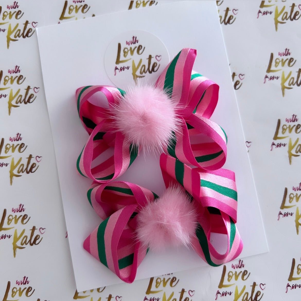 2 x Pink & Green Stripe Boutique Bows with Pom Poms