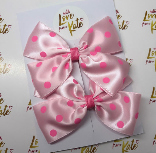 Pink polka dot satin double Tux bow