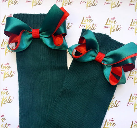 Green socks with green & Red boutique bows