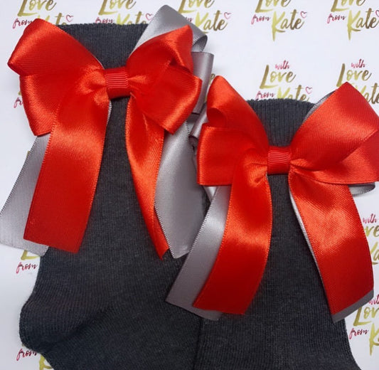 Grey socks with red & grey long tail bows