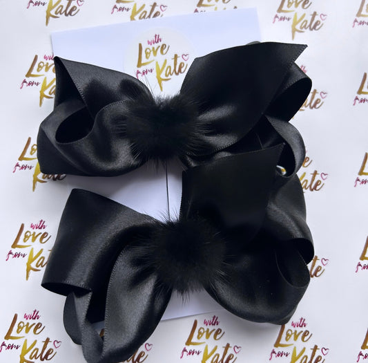 2 x black satin boutique bows with Pom Poms