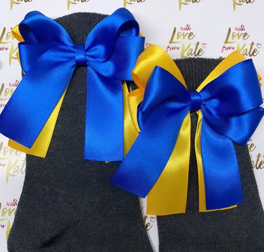 Grey socks with royal blue & yellow long tail bows