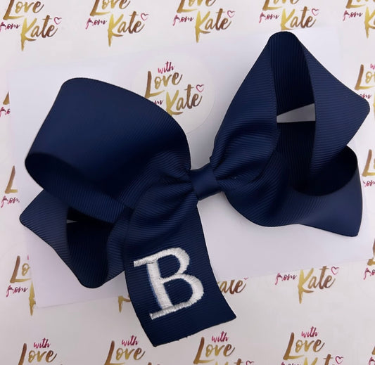 Navy embroidered initial boutique bow