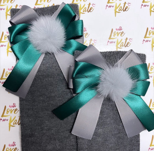 Grey socks with green & grey pom pom long tail bows