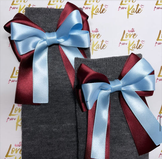 Grey socks with maroon & light blue long tail bows