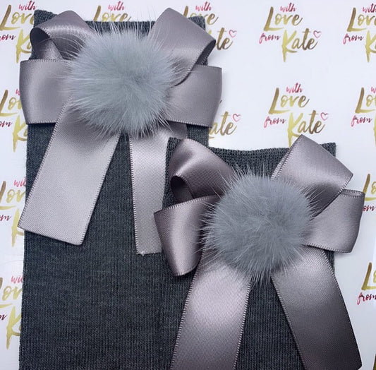 Grey socks with grey pom pom long tail bows