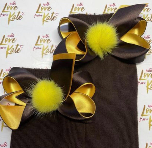 Brown socks with brown & yellow boutique bows with Pom Poms