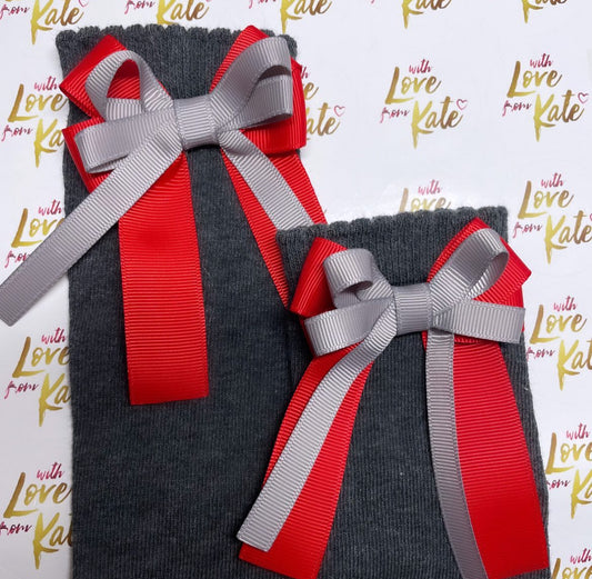 Grey socks with red & grey long tail bows