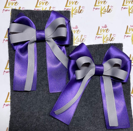 Grey socks with purple & grey long tail bows