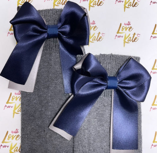 Grey socks with navy & grey long tail bows