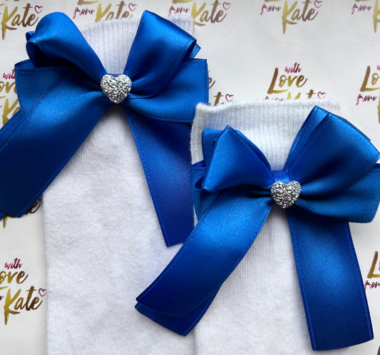White socks with royal blue long tail bows
