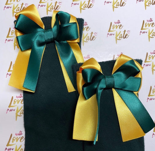 Dark green socks with dark green & yellow long tail bows