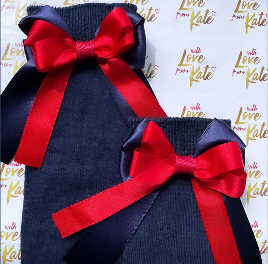 Navy socks with navy & red long tail bows