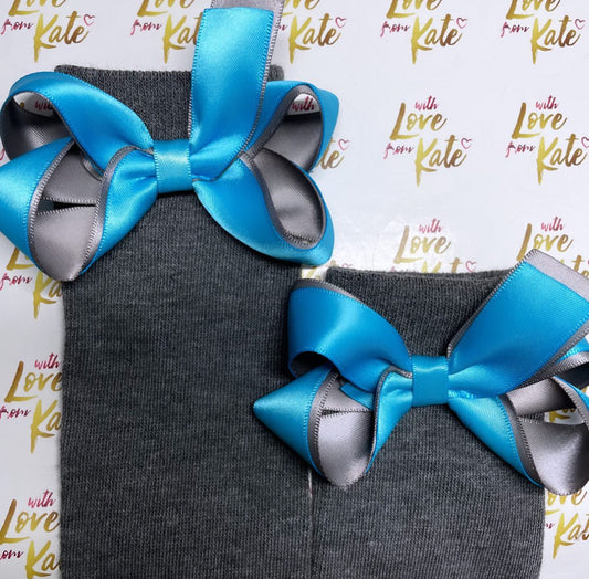 Grey socks with turquoise & grey boutique bows