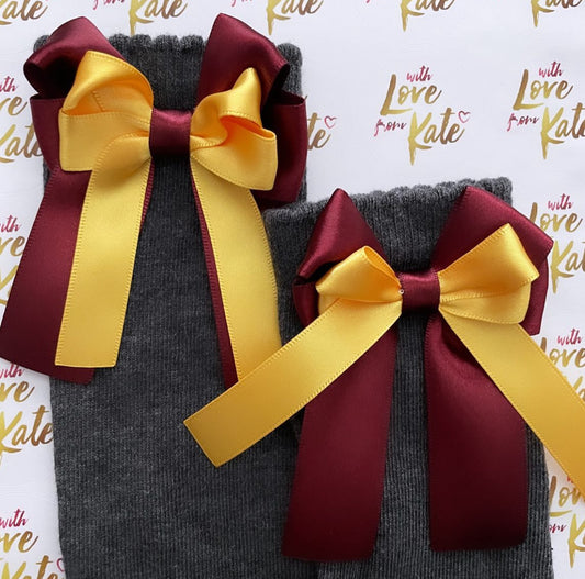 Grey socks with maroon & yellow long tail bows