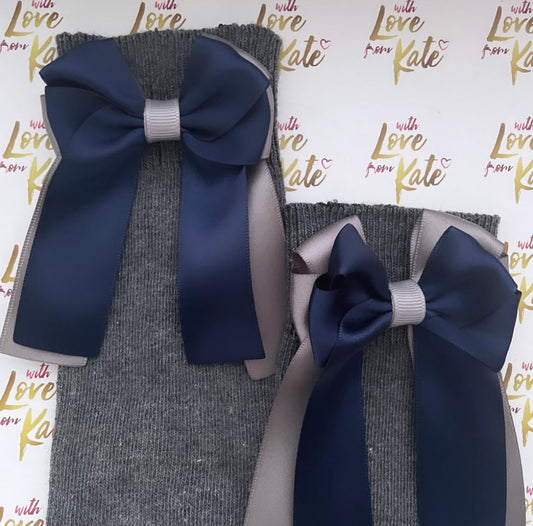 Grey socks with navy & grey long tail bows