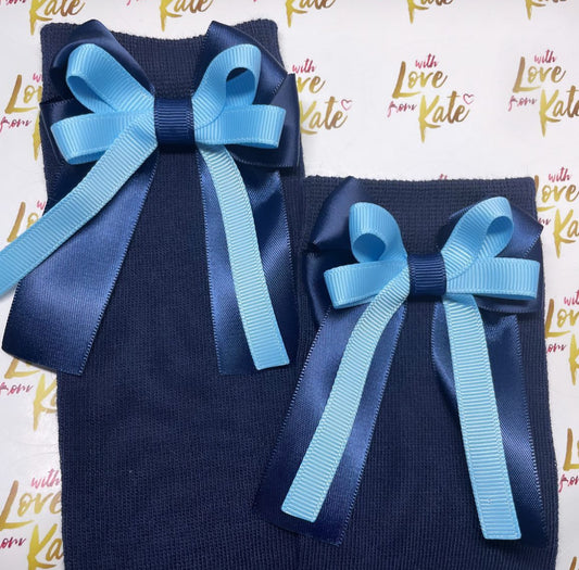 Navy socks with navy & light blue long tail bows