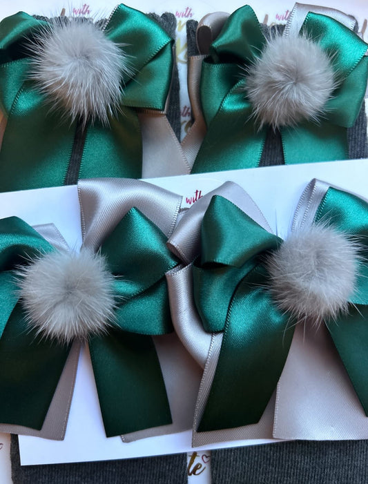Dark green & Grey XL short tail bow socks & hair bow set