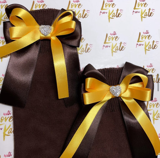 Brown socks with brown & yellow long tail bows
