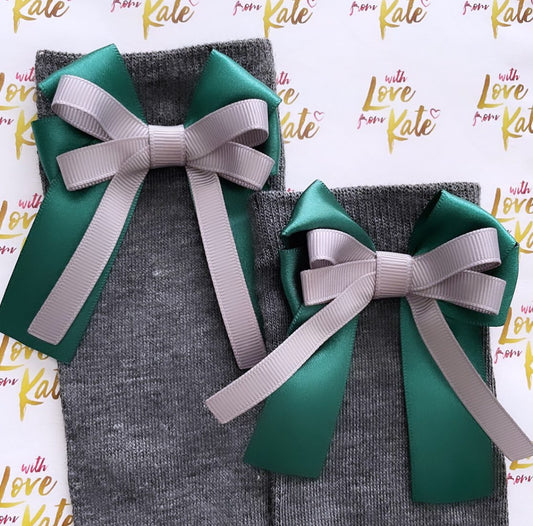 Grey socks with grey & green long tail bows