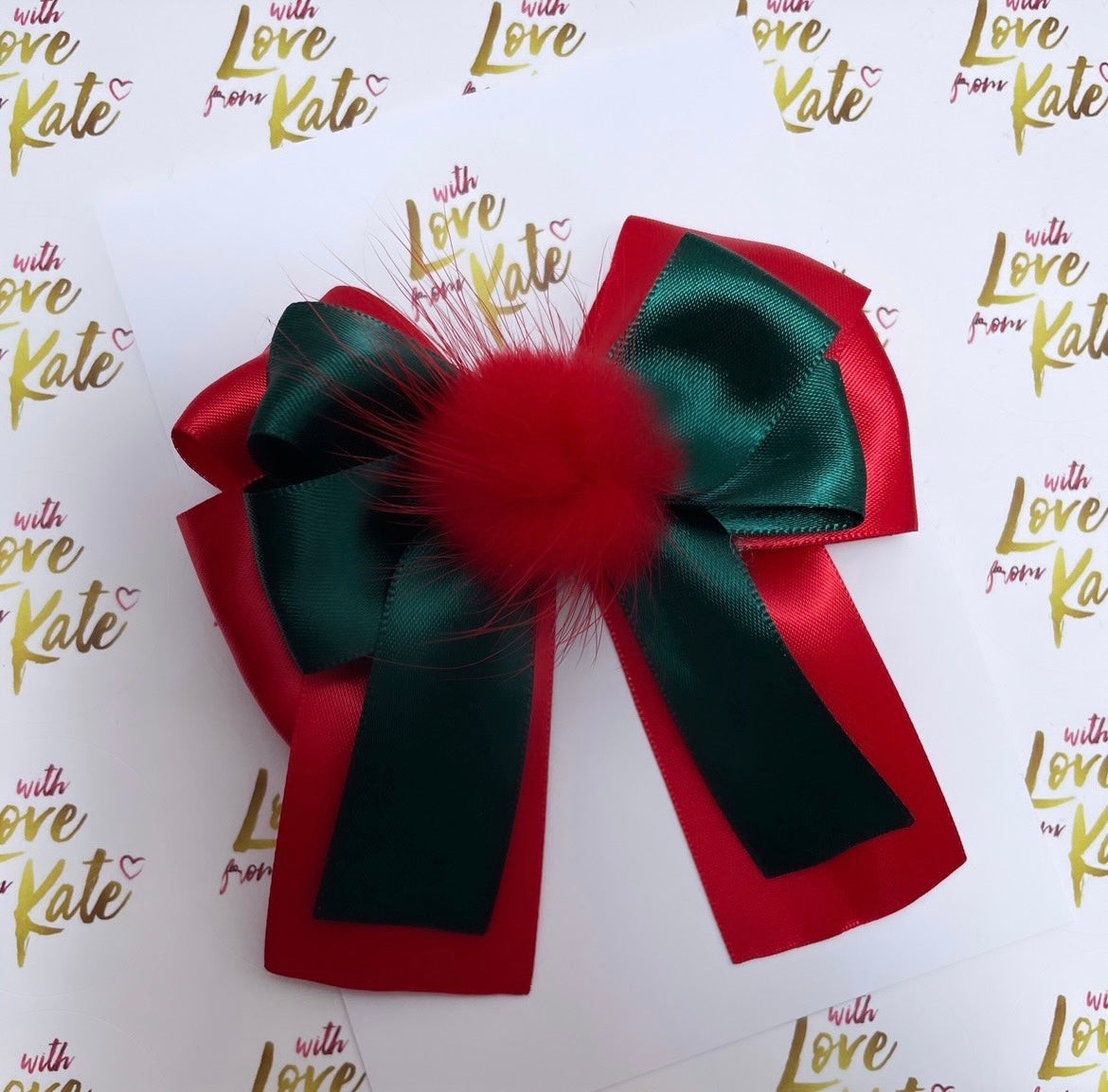 Red & Green XL short tail bow with Pom