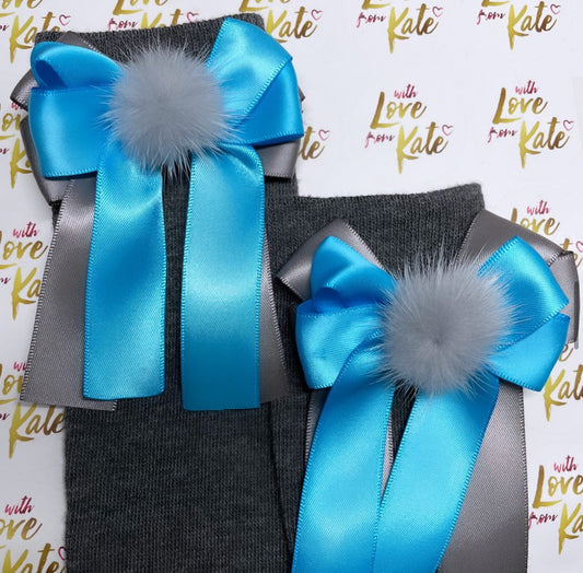 Grey socks with turquoise & grey pom pom long tail bows