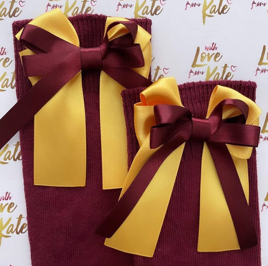 Maroon socks with maroon & yellow long tail bows