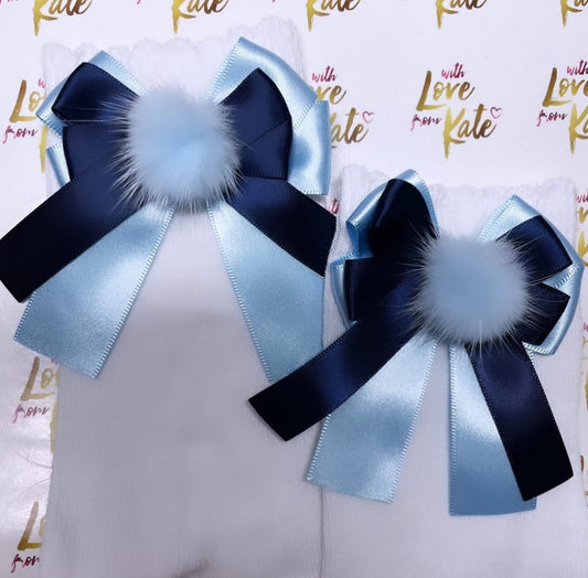White socks with navy & light blue pom pom long tail bows