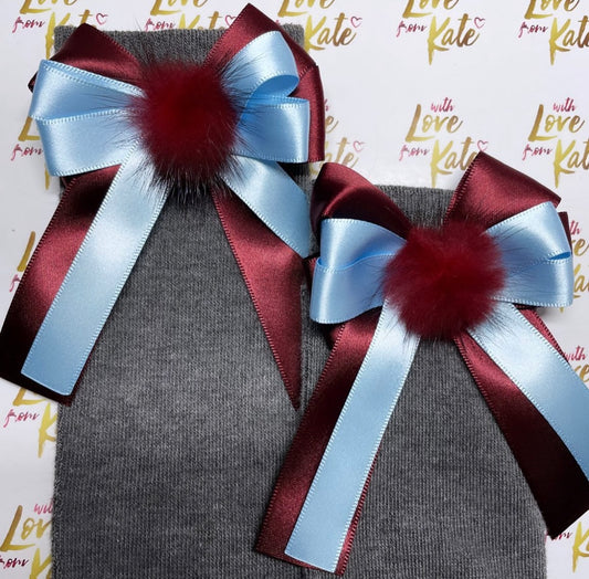 Grey socks with maroon & light blue long tail bows with maroon pom poms