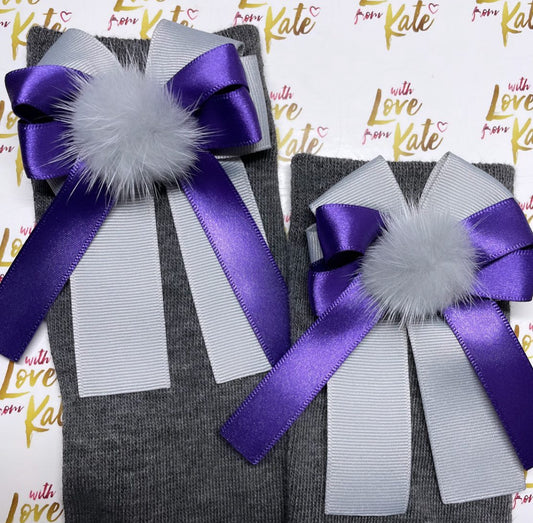 Purple & grey long tail bow socks with pom poms
