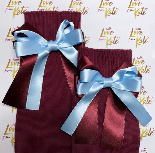 Maroon socks with maroon & light blue long tail bows