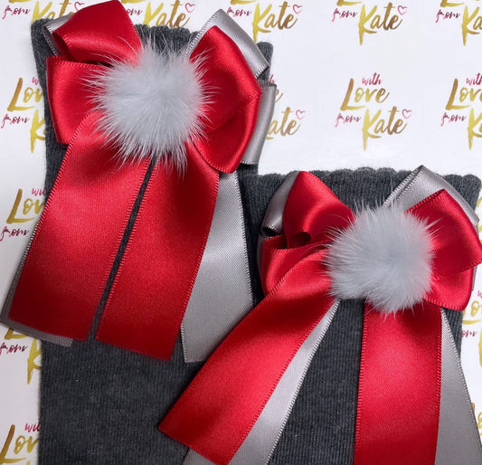 Grey socks with red & grey pom pom long tail bows