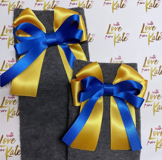 Grey socks with royal blue & yellow long tail bows