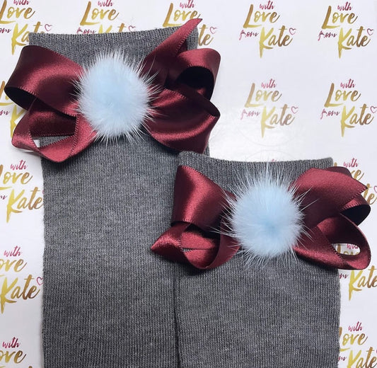 Grey socks with maroon boutique bows with pom poms