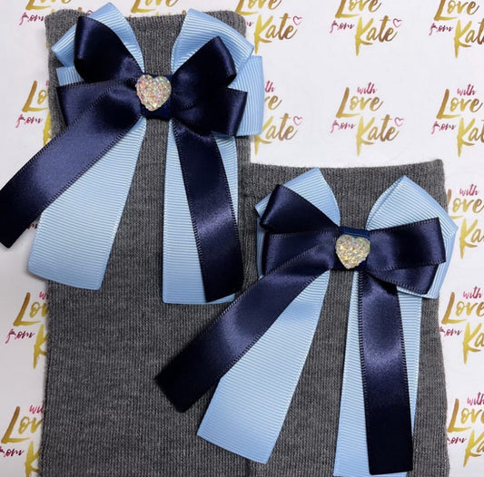 Grey socks with light blue & navy long tail bows