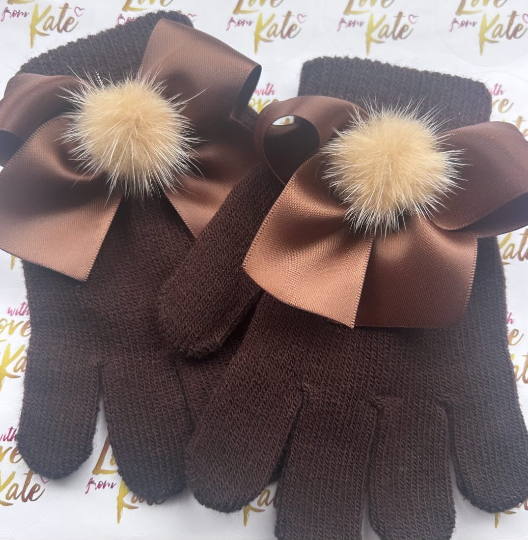 Brown gloves with satin bows and pom poms