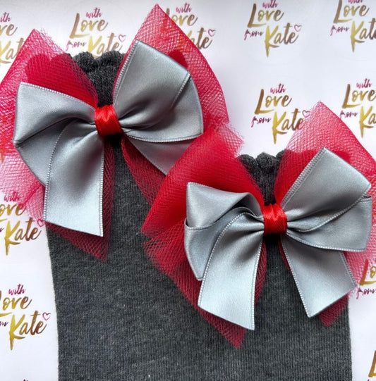 Red & grey tulle & satin knee high socks