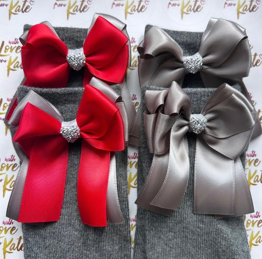 Red & grey long tail bow knee high socks