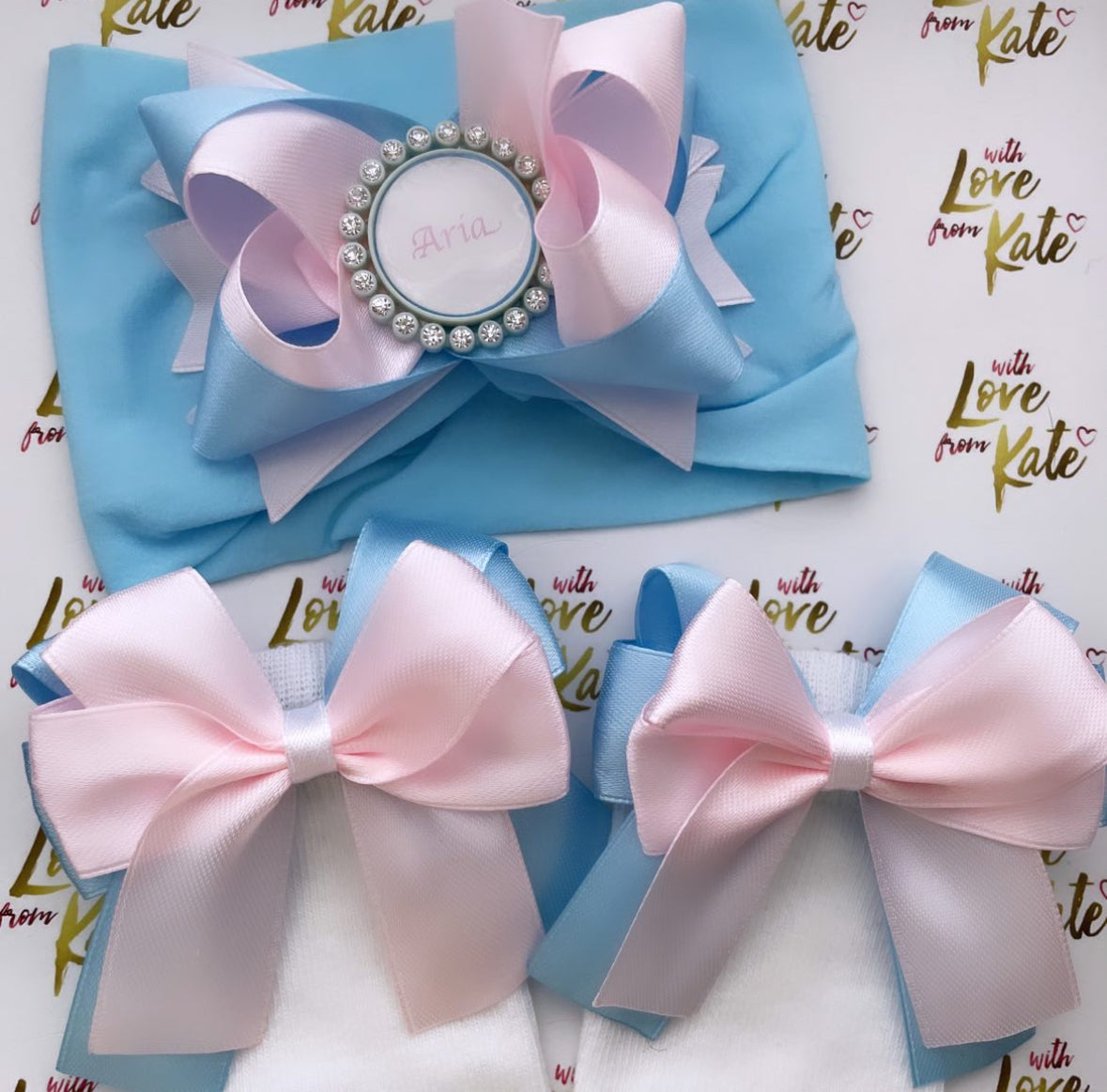 Baby pink & blue personalised stacked bow baby headband & sock set