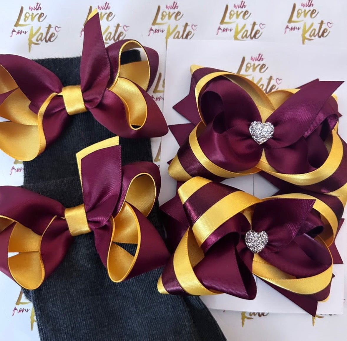 Maroon & yellow loopy stacked bow and socks set