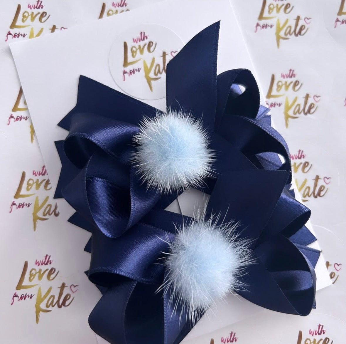 Navy & Light blue pom pom stacked bow