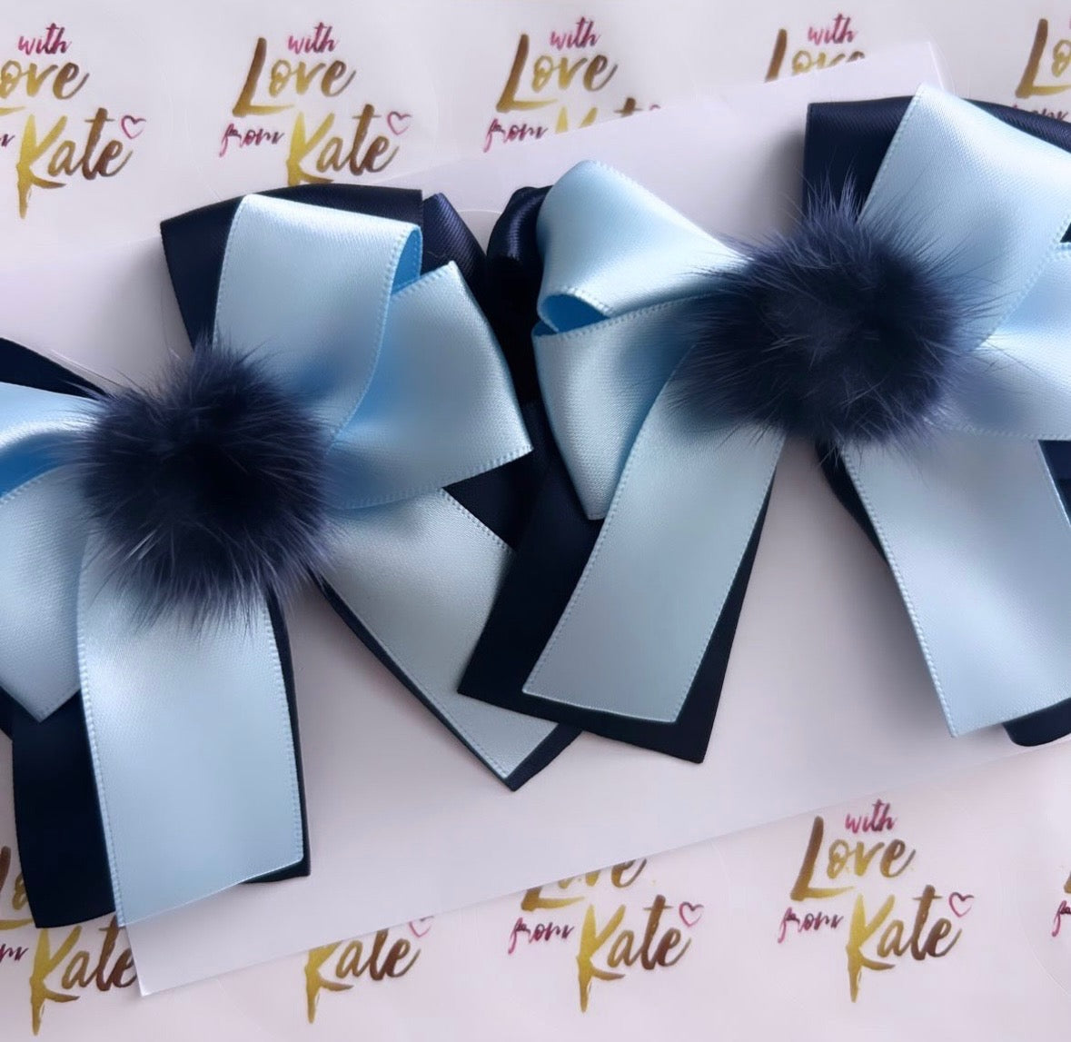 Navy & light blue XL short tail bow with pom pom