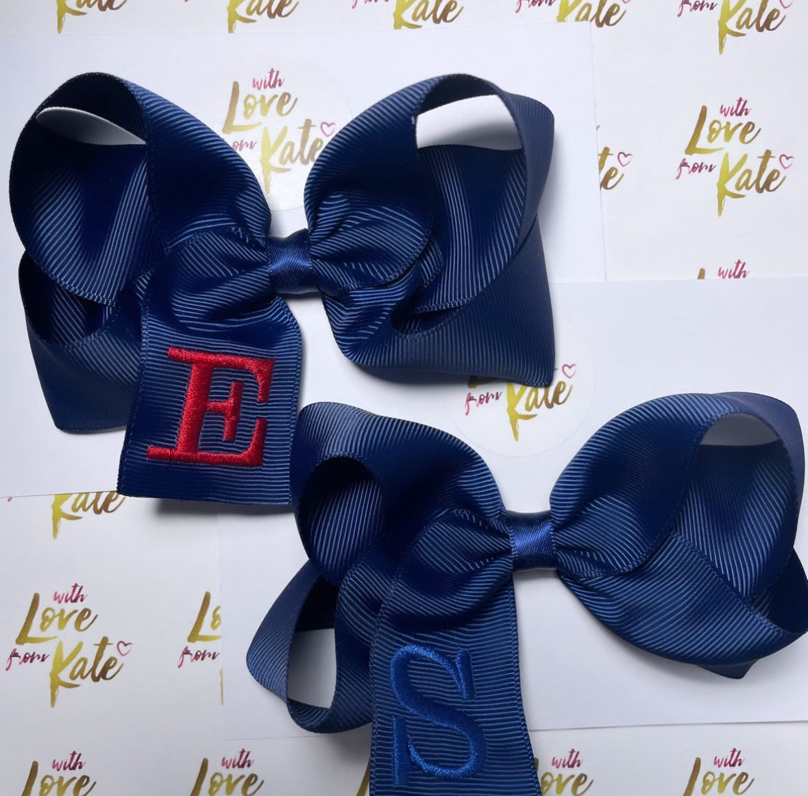 Navy & red embroidered initials boutique bow set