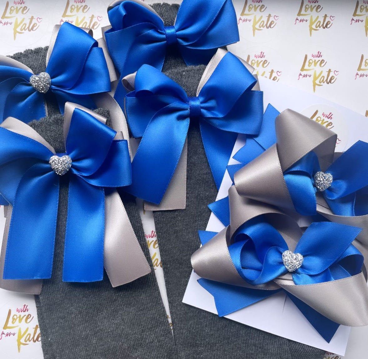 Royal blue & grey long tail bow socks & stacked bows set