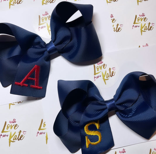 Navy with red & golden yellow embroidered initials boutique bow set