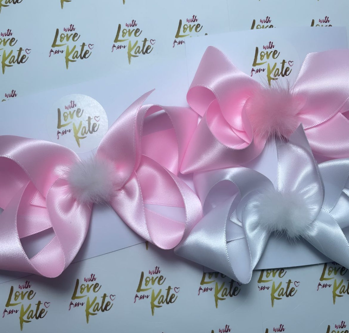 Baby pink & white satin boutique bow set